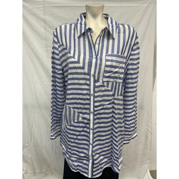 Chicos Womens Blue White Striped Button Up Shirt Size 2‎ Pockets Both Side - Picture 1 of 10